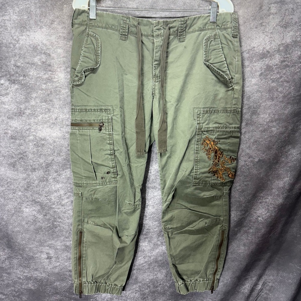 Y2K Calvin Klein Embroidered Jogger Cargo Pants Capris Sz 8 Olive Green Utility